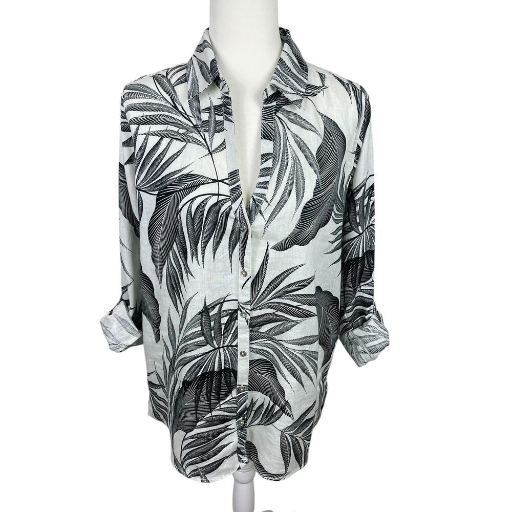 Tahari 100% Linen Button Front Blouse Roll Tab Sleeve Tropical Botanical Sz Med